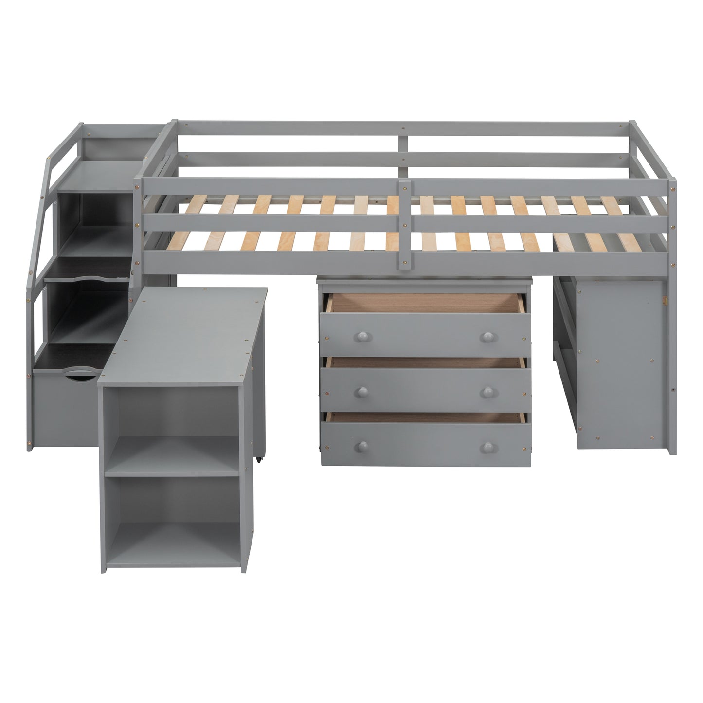 Twin Size Loft Bed with Retractable Writing Desk and 3 Drawers, Wooden Loft Bed with Storage Stairs and Shelves, Gray