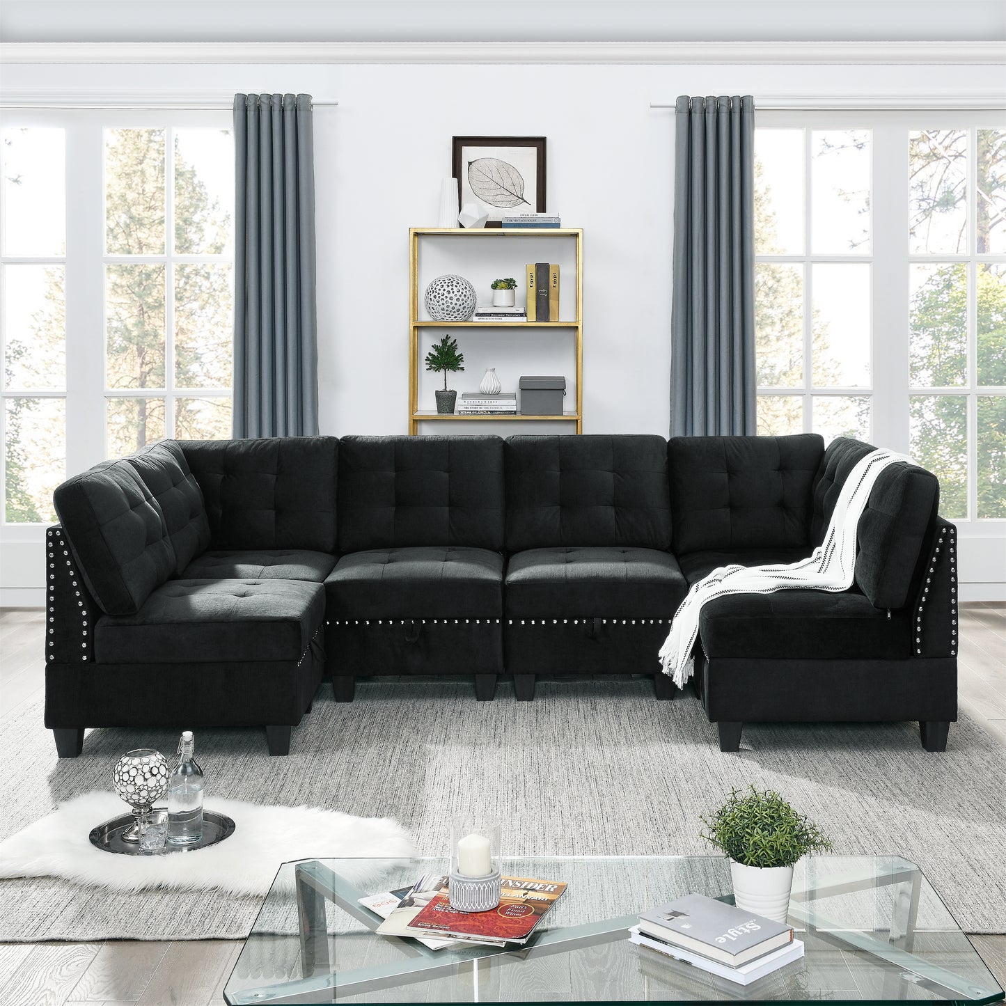 Convertible Modular Sectional Sofa in Black Velvet (31.5x31.5x36.5)