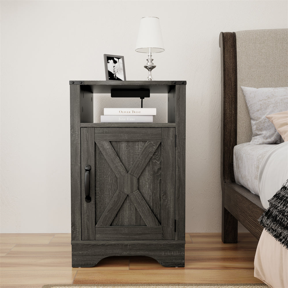 Modern Dark Grey Wood Tall Cabinet Small Nightstand Bed Side Table With Charging Station Living Room