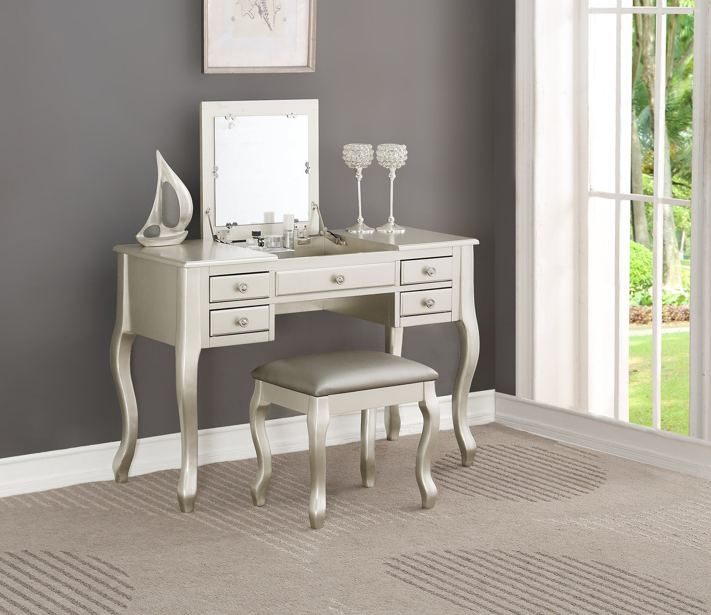 Classic Vanity Set w Stool Silver Color Drawers Open-up Mirror Bedroom Furniture Unique Legs Cushion Seat Stool Vanity