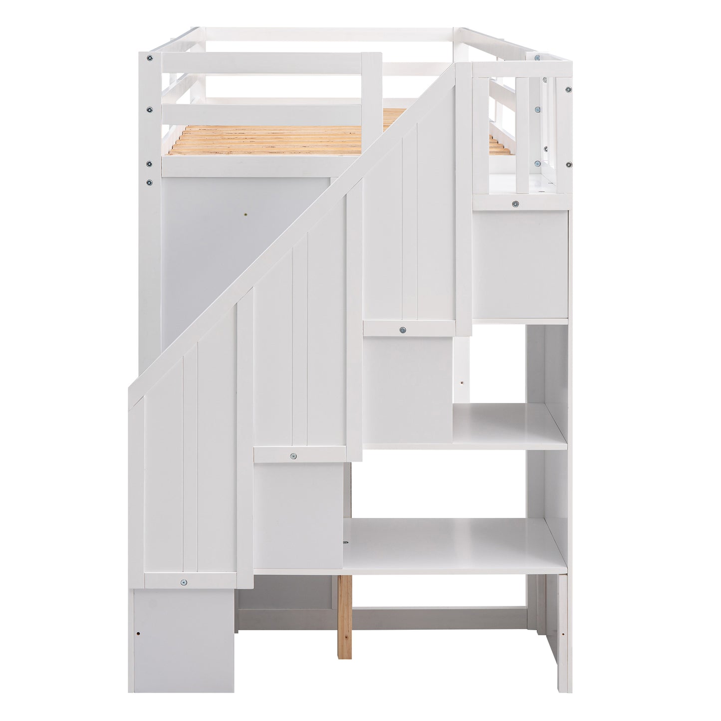 Functional Loft Bed with 3 Shelves, 2 Wardrobes and 2 Drawers,  Ladder with Storage, No Box Spring Needed, White