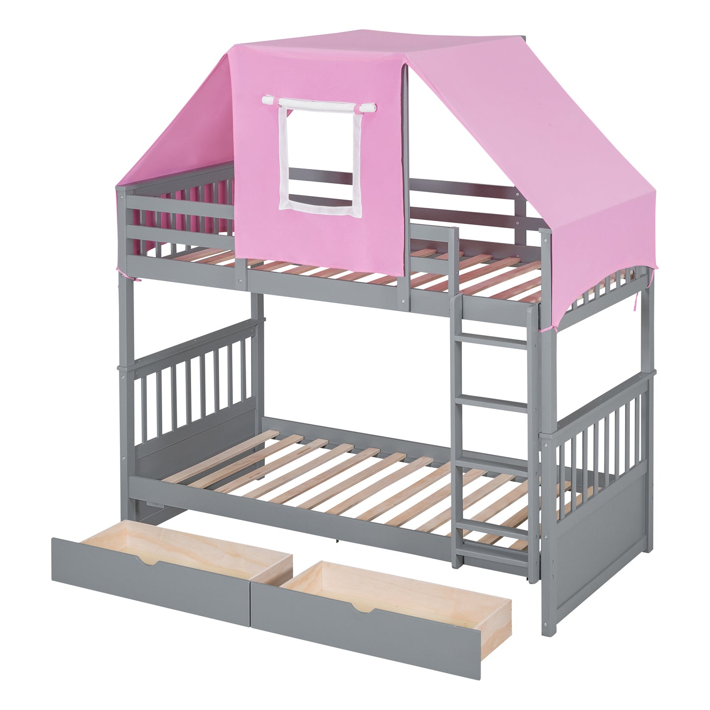 Gray and Pink Twin Over Twin Bunk Bed with Tent and Drawers for a Playful Bedroom Environment