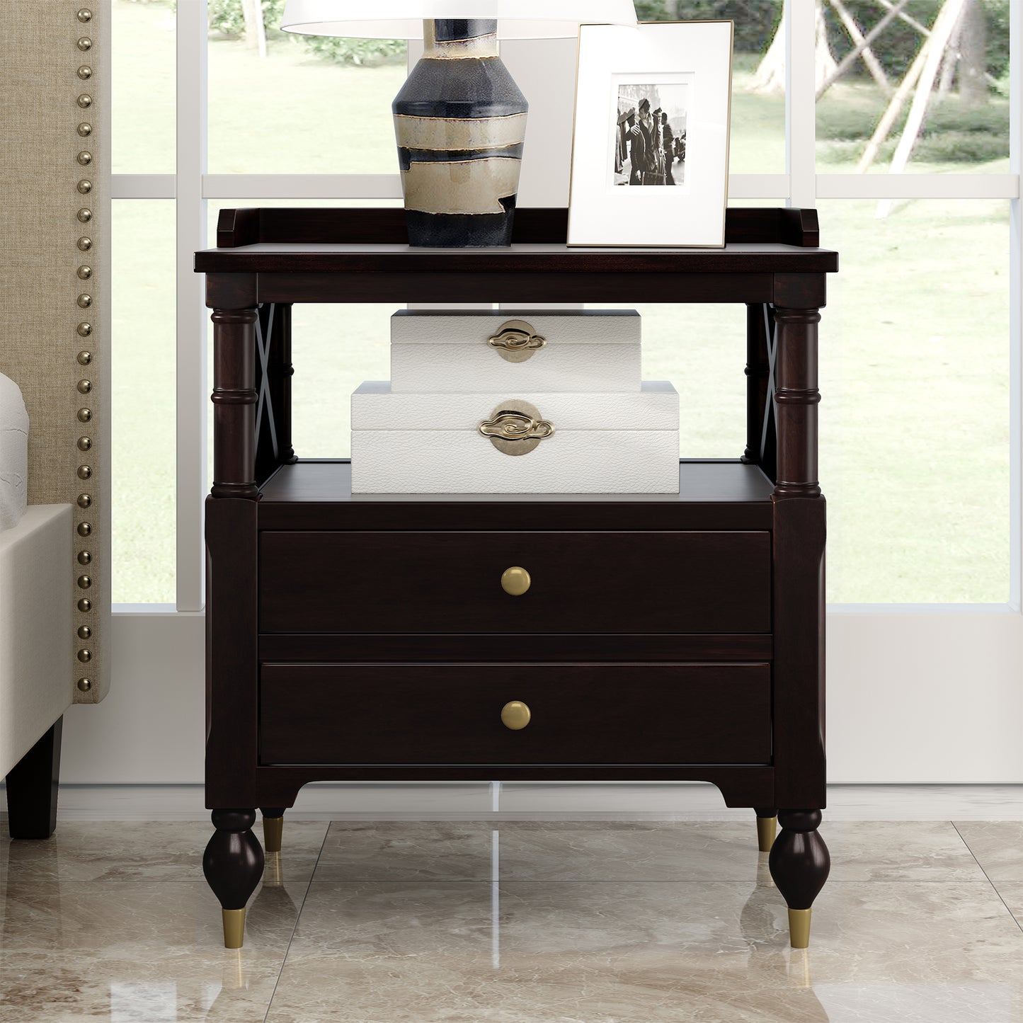 Modern Black Cherry 2 Drawer Nightstand