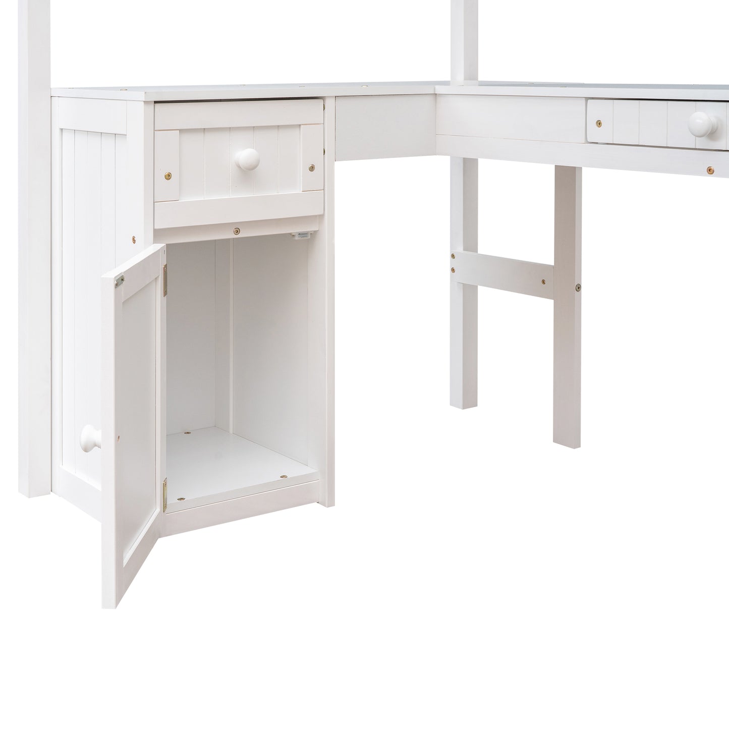 Twin size Loft Bed with Drawers, Cabinet, Shelves and Desk, Wooden Loft Bed with Desk - White( :LT000505AAK)