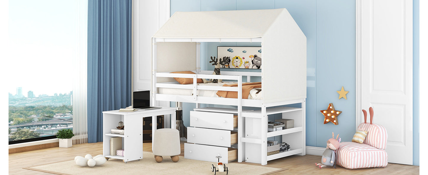 Twin Size Loft Bed with Rolling Cabinet, Shelf and Tent - White