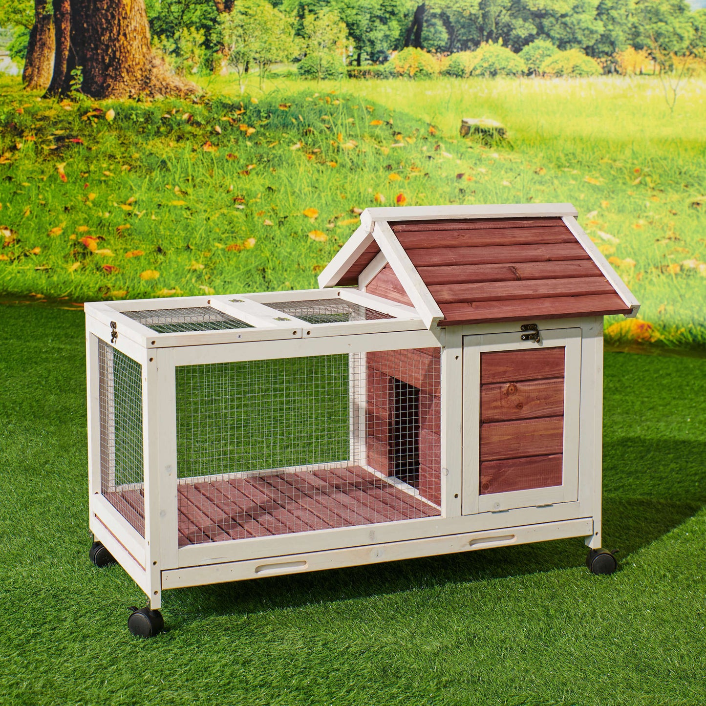 Wooden Rabbit Hutch 40.7" L x 23.4" W x 30" H, Bunny Cage with 4 Wheels, Auburn