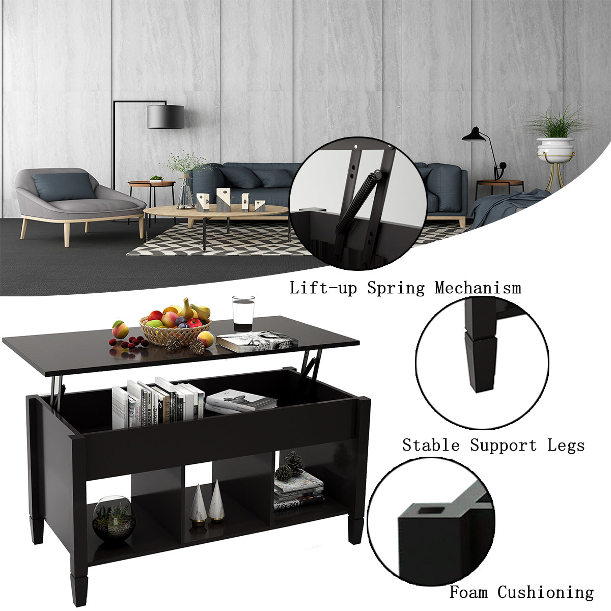 Adjustable Lift Top Coffee Table with Storage - Black