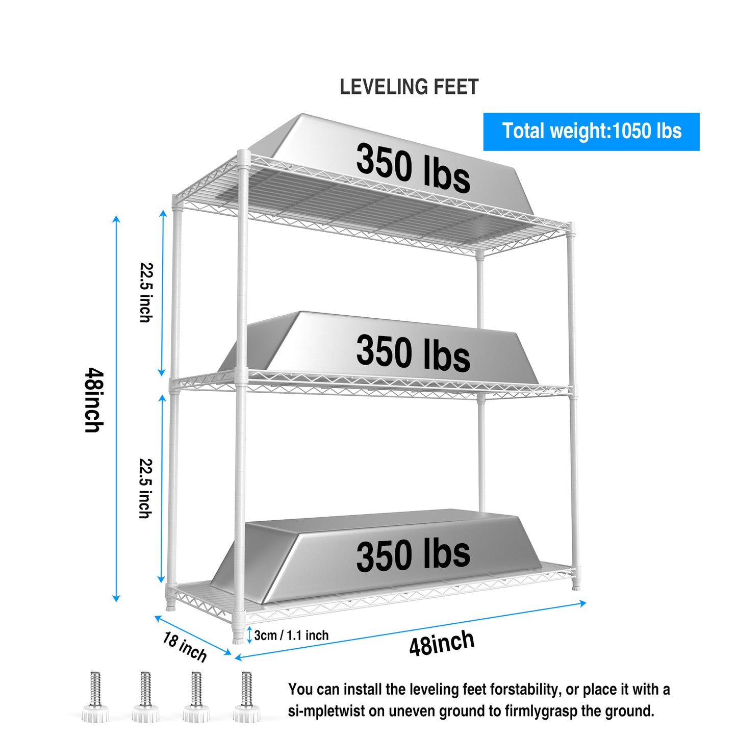 3 Tier Wire Shelving Unit, 1050 LBS NSF Height Adjustable Metal Garage Storage Shelves, Heavy Duty Storage Wire Rack Metal Shelves - White