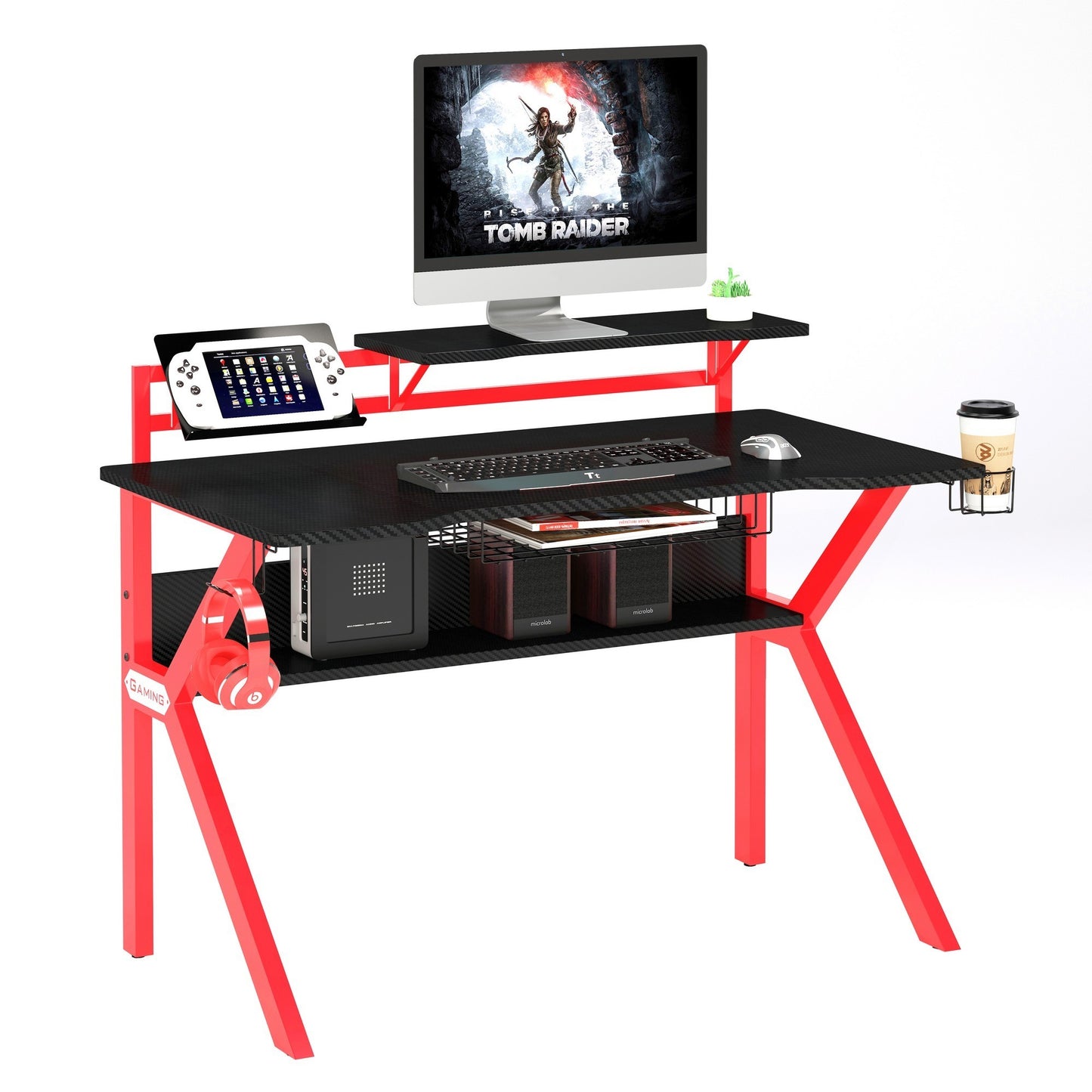 Ergonomic Gaming Desk with Black and Red Metal Frame and PVC Coating