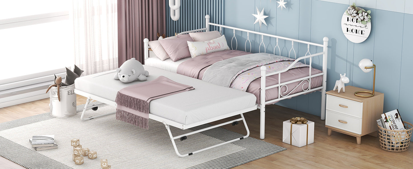 Twin Size Metal Daybed with Twin Size Adjustable Trundle, Portable Folding Trundle, White