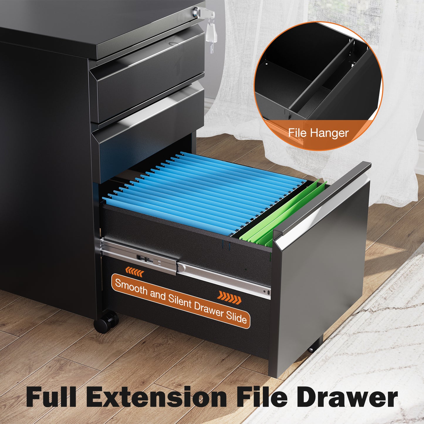 3-Drawer Mobile Rolling File Cabinet with Lock - Stylish and Functional Metal Filing Solution for Home Office