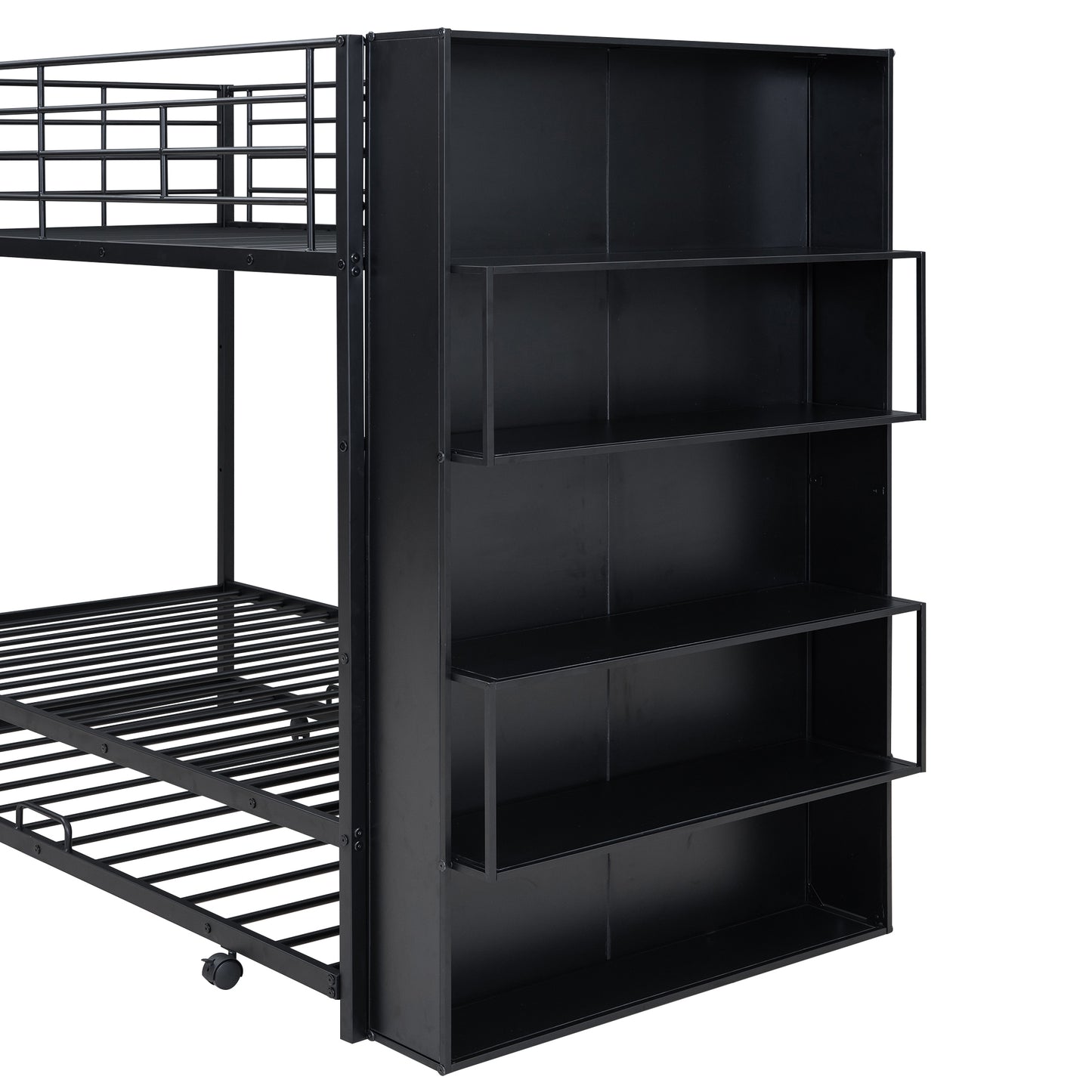 Twin Size Black Metal Bunk Bed with Integrated Bookshelf