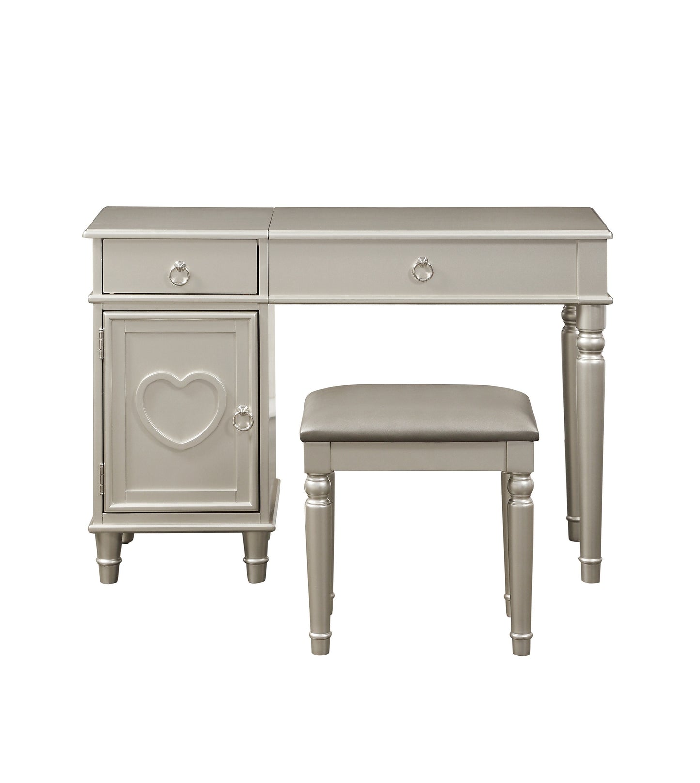 Bedroom Vanity Set w Stool Open Up Mirror Storage Space Drawers Rubber wood Ring Pull Handles Silver Color Vanity