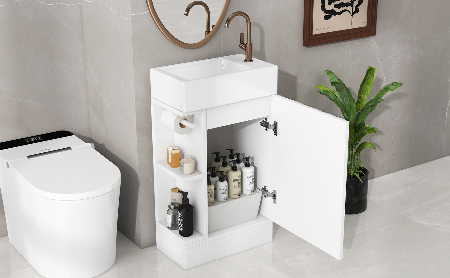 18.6" Bathroom Vanity with Sink, Bathroom Vanity Cabinet with Two-tier Shelf, Left or Right Orientation, White