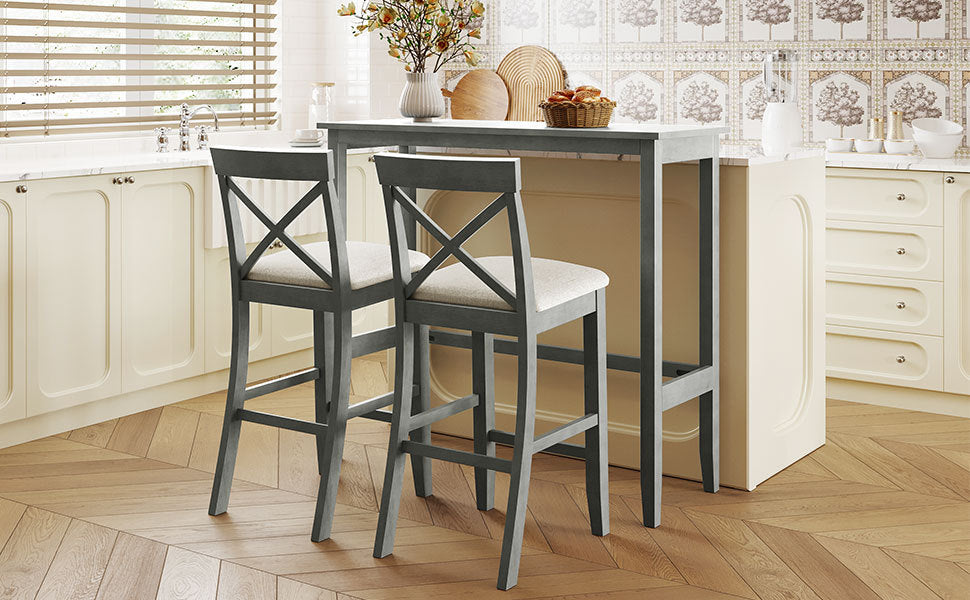 Farmhouse 48"Rectangular Wood Bar Height Dining Set Kitchen Breakfast Nook with 2 Chairs for Small Places,Gray