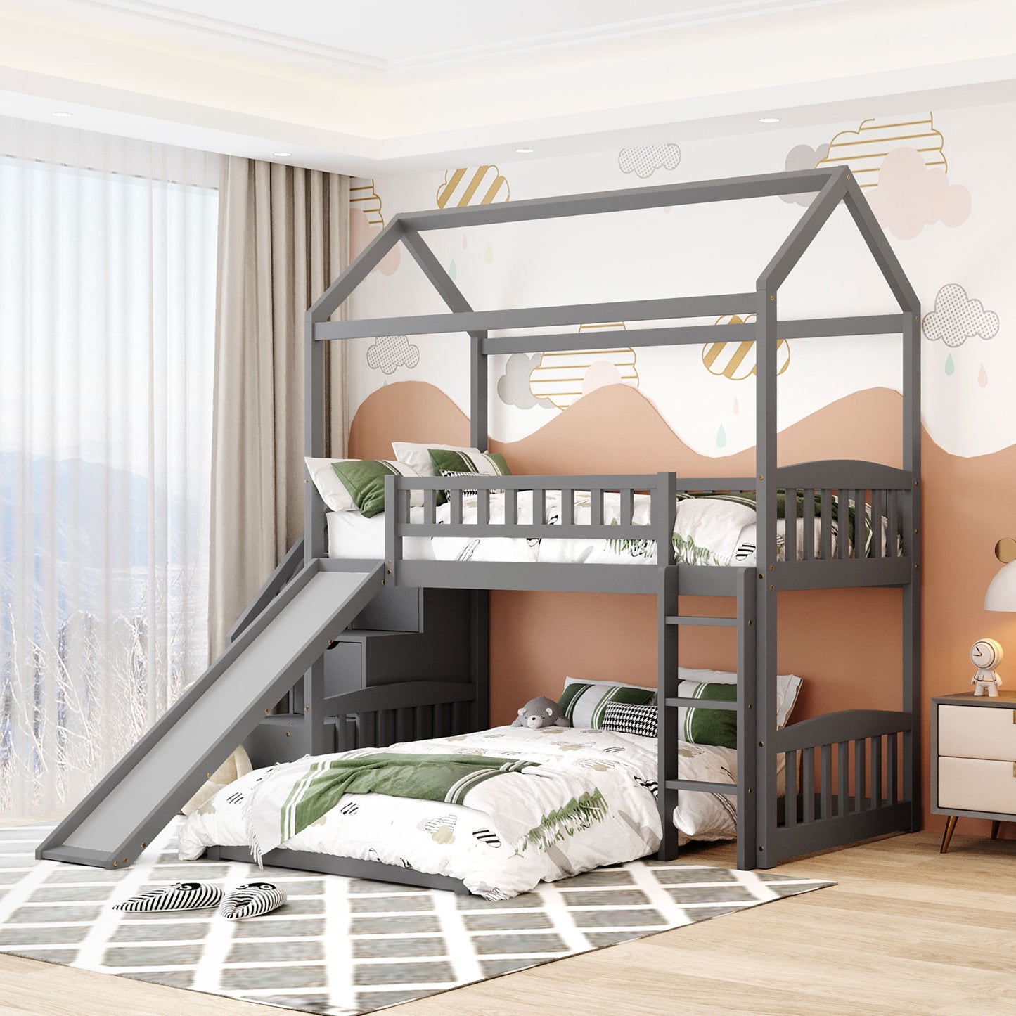 White House Design Twin Over Twin Bunk Bed with Slide and Storage Steps