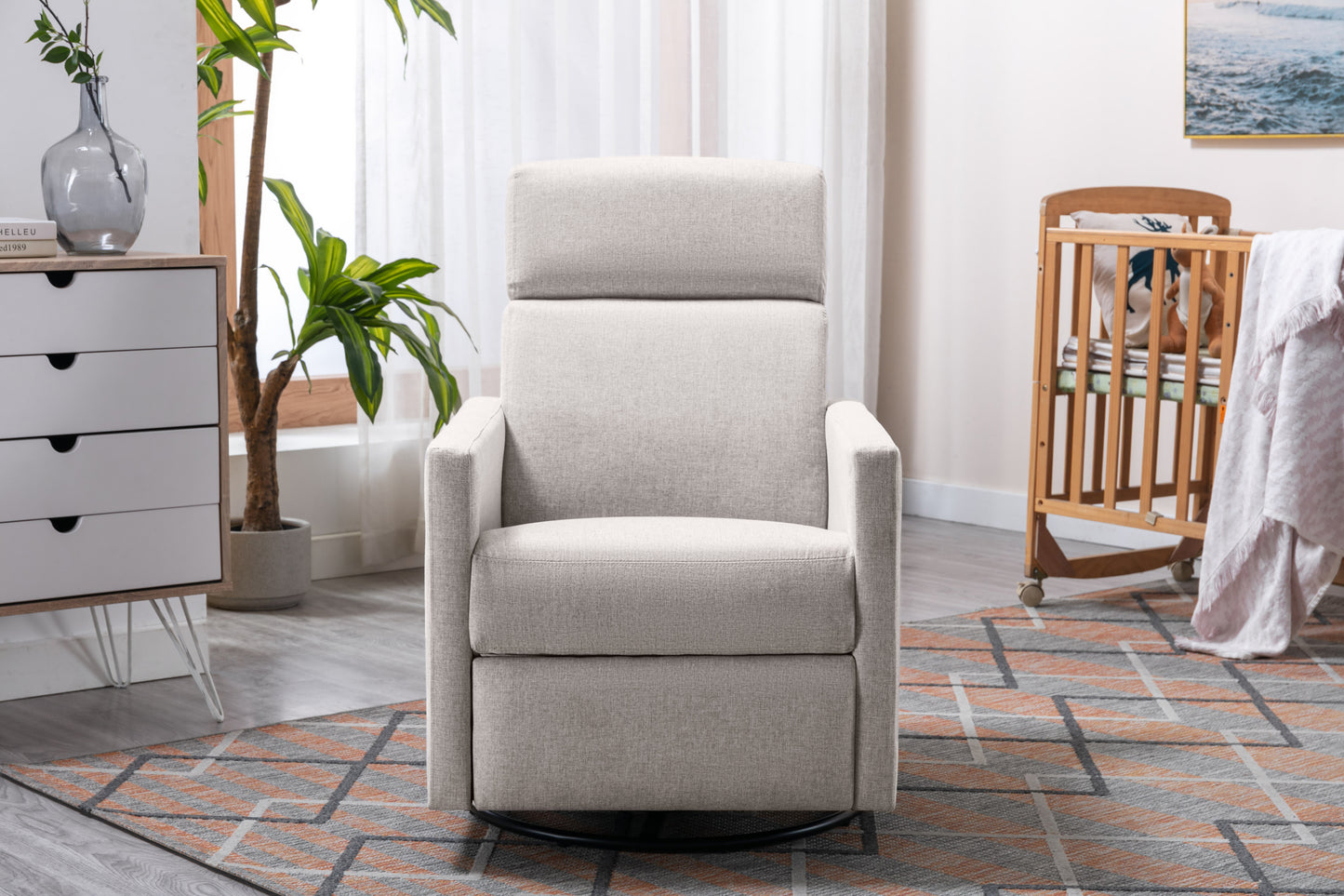 Modern Tan Upholstered Nursery Rocker Chair with Swivel Recliner