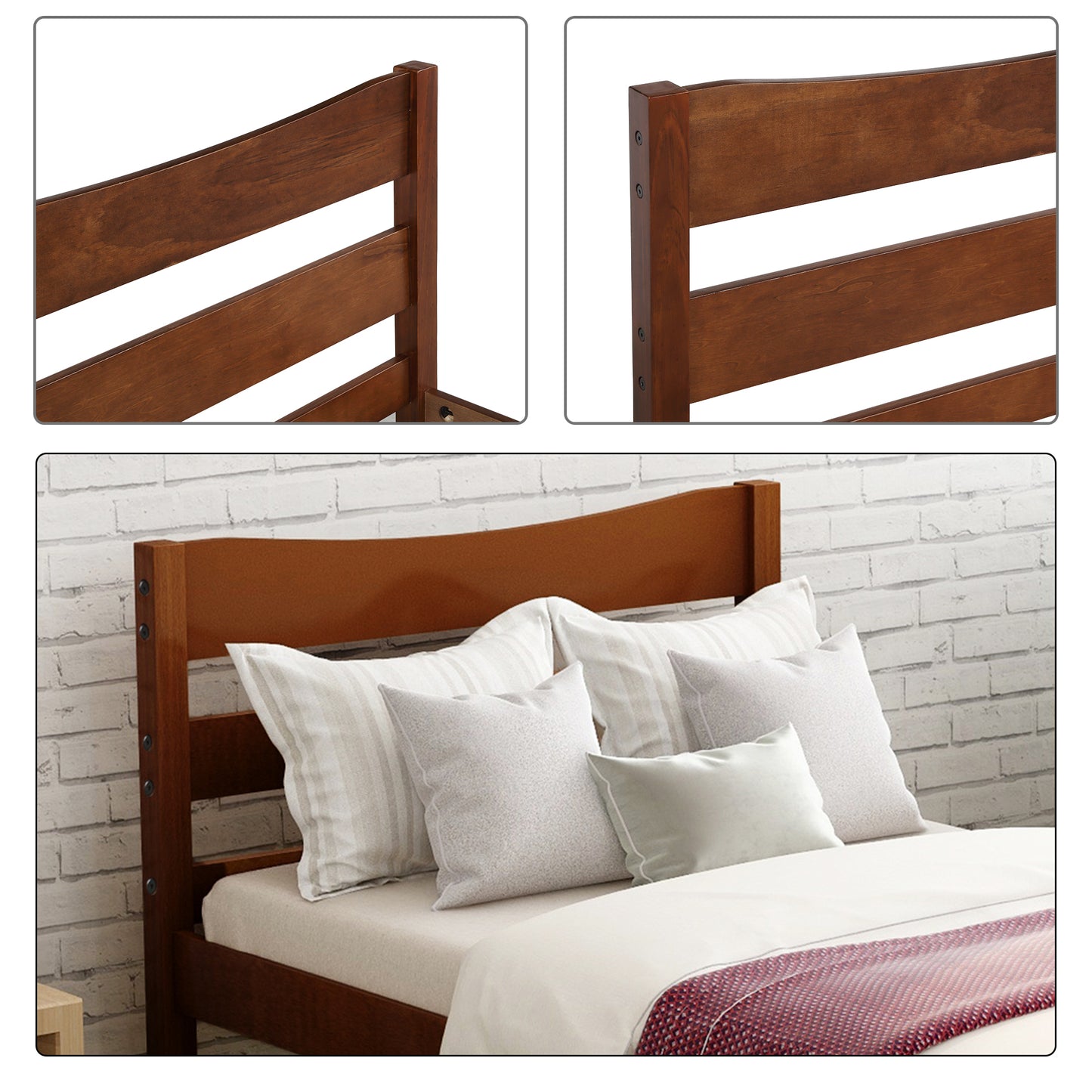 Twin Size  Wood Platform Bed with Headboard and Wooden Slat Support (Walnut)