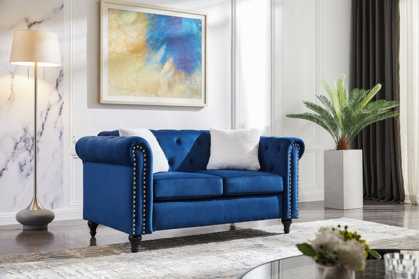 Blue Velvet 3 Piece Living Room Sofa Set with Button Tufting and Copper Nail Accents