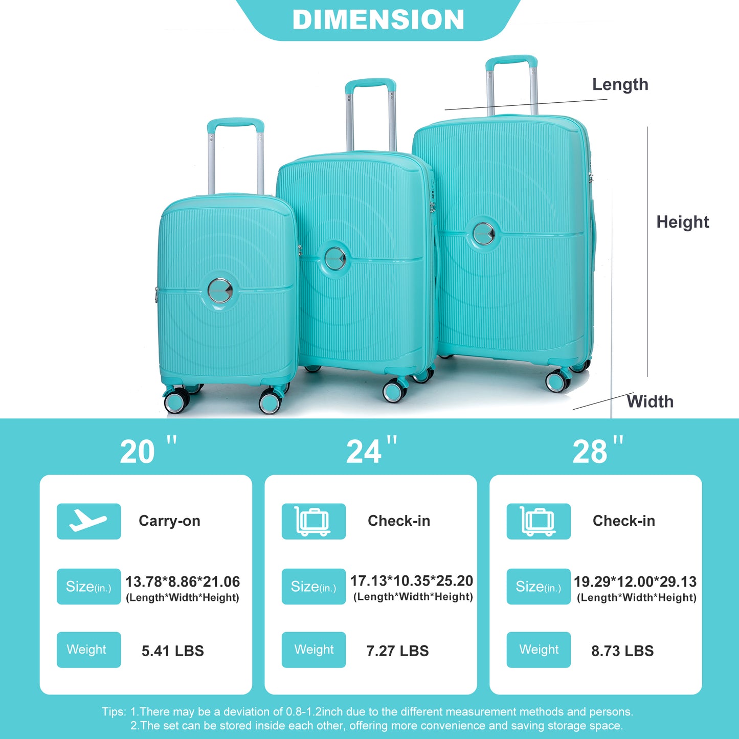 Expandable Hardshell Suitcase Double Spinner Wheels PP Luggage Sets Lightweight Durable Suitcase with TSA Lock,3-Piece Set (20/24/28) , Lake Blue