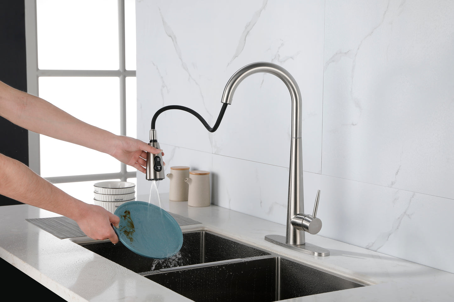 Commercial-Grade Stainless Steel Kitchen Faucet with Pull Down Sprayer and High Arc Handle