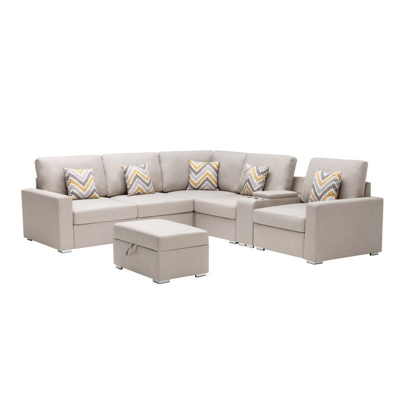 Nolan Beige Linen 7-Piece Sectional Sofa with Interchangeable Legs, Storage Ottoman, USB Charging Ports, and Cupholders