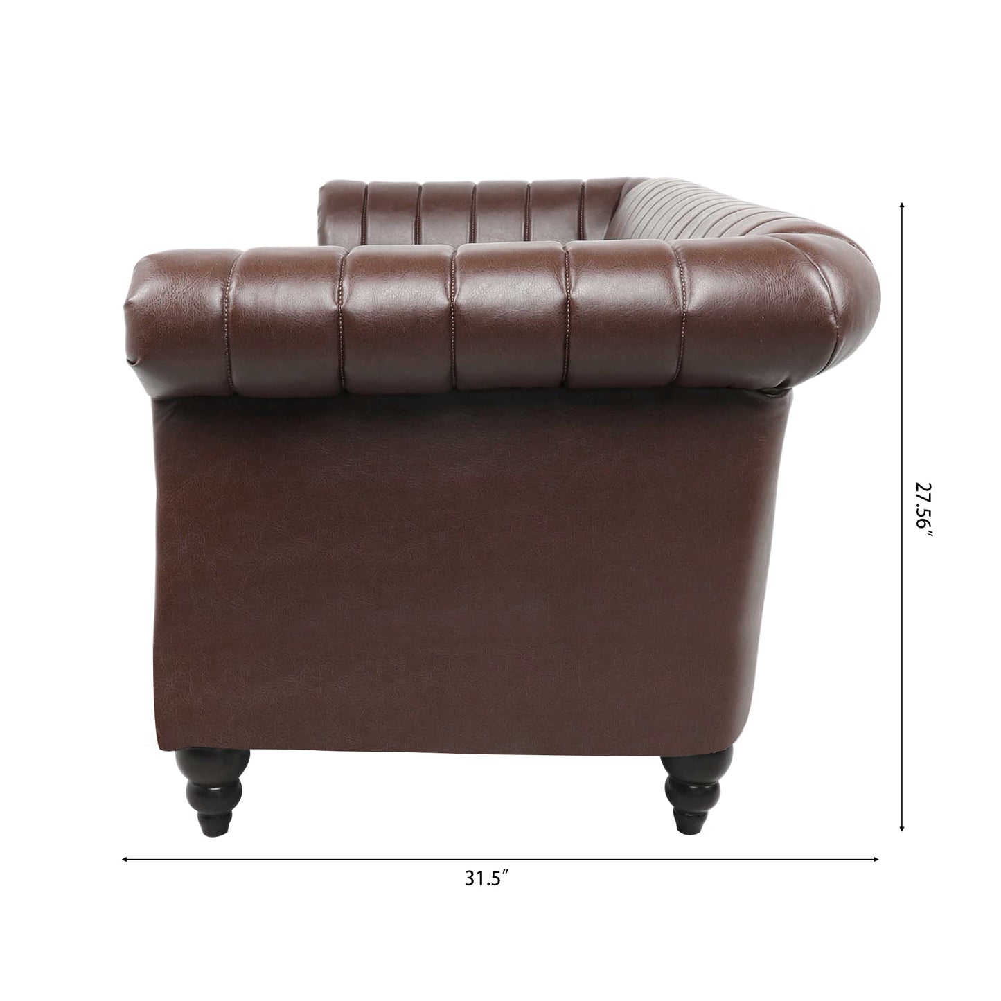 Luxurious Brown PU Rolled Arm Chesterfield Three Seater Sofa - 83.46''