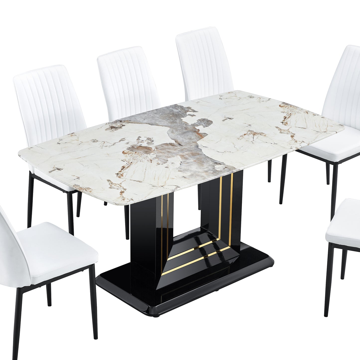 7-Piece Faux Marble Dining Table Set, Glass Rectangular Kitchen Table for 6-8, Modern White Faux Marble Dining Room Table with MDF Base, Dining Table & 6 Chairs