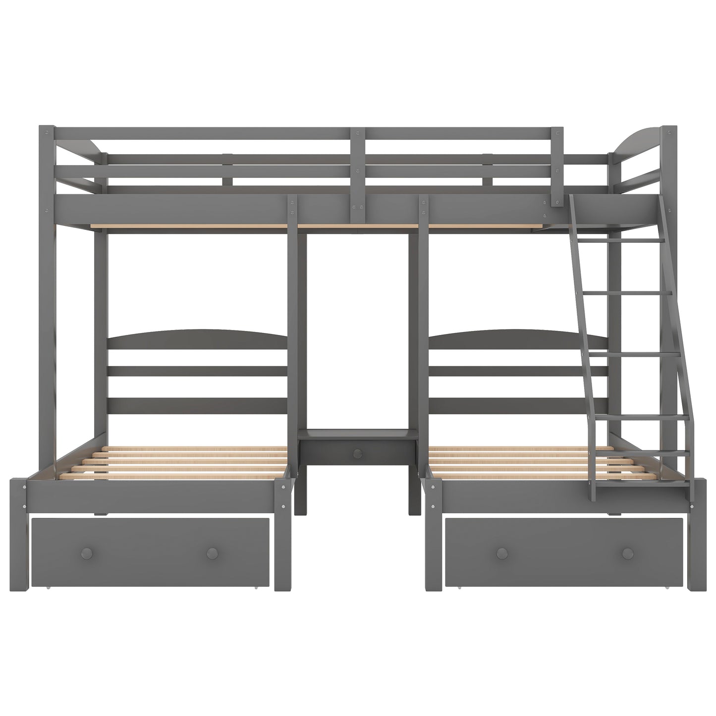 Gray Triple Bunk Bed with Storage Drawers, Full over Twin & Twin Bunk Bed