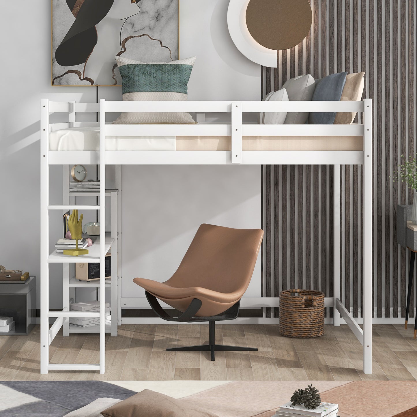 Full Size Loft Bed with Built-in Desk and Shelves,White