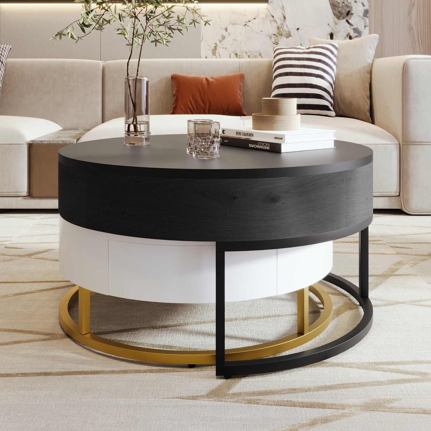 Contemporary 2-Drawer Lift-Top Round Coffee Tables in White & Black