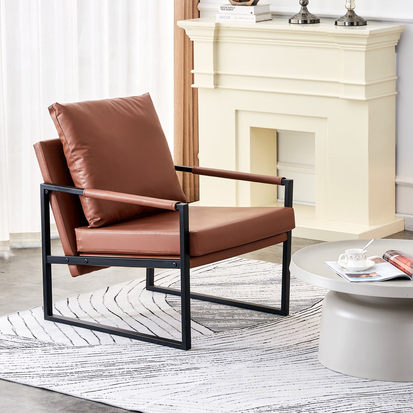 Contemporary Brown PU Leather Armchair Set with Metal Frame