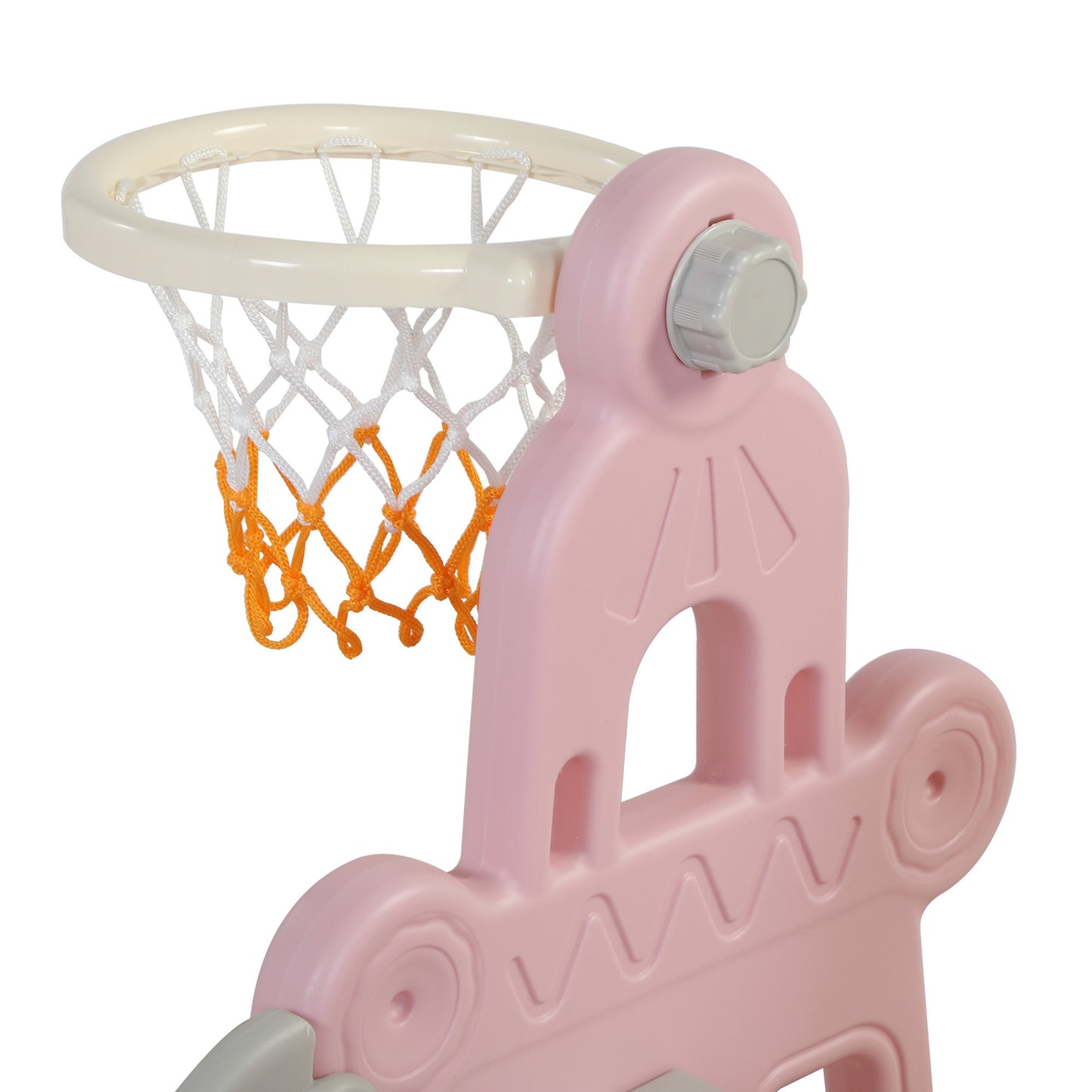 3-in-1 Kids Slide and Swing Set with Basketball Hoop, Indoor and Outdoor Activity Center in Pink and Gray