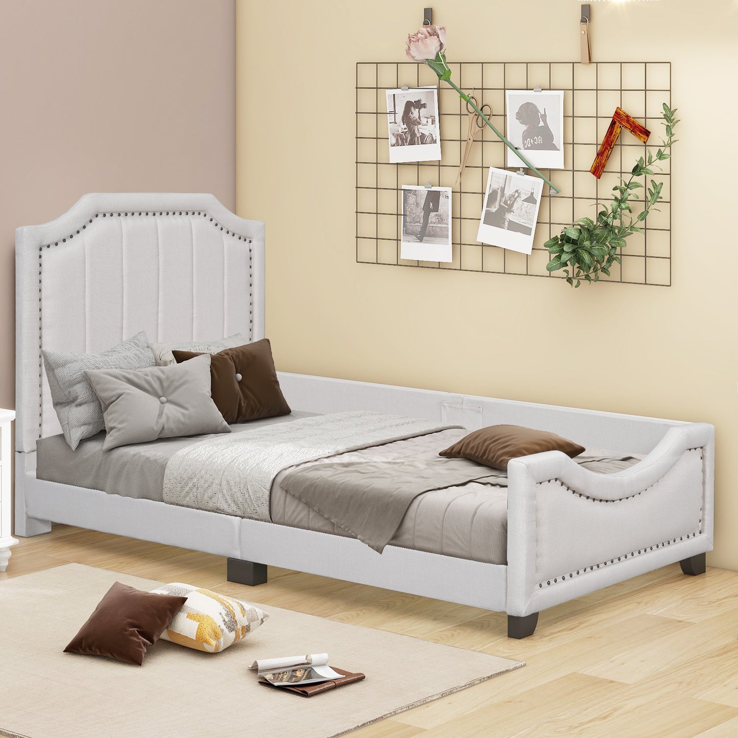 Twin Size Upholstered Platform Bed with Nailhead Trim Decoration and Guardrail, Beige