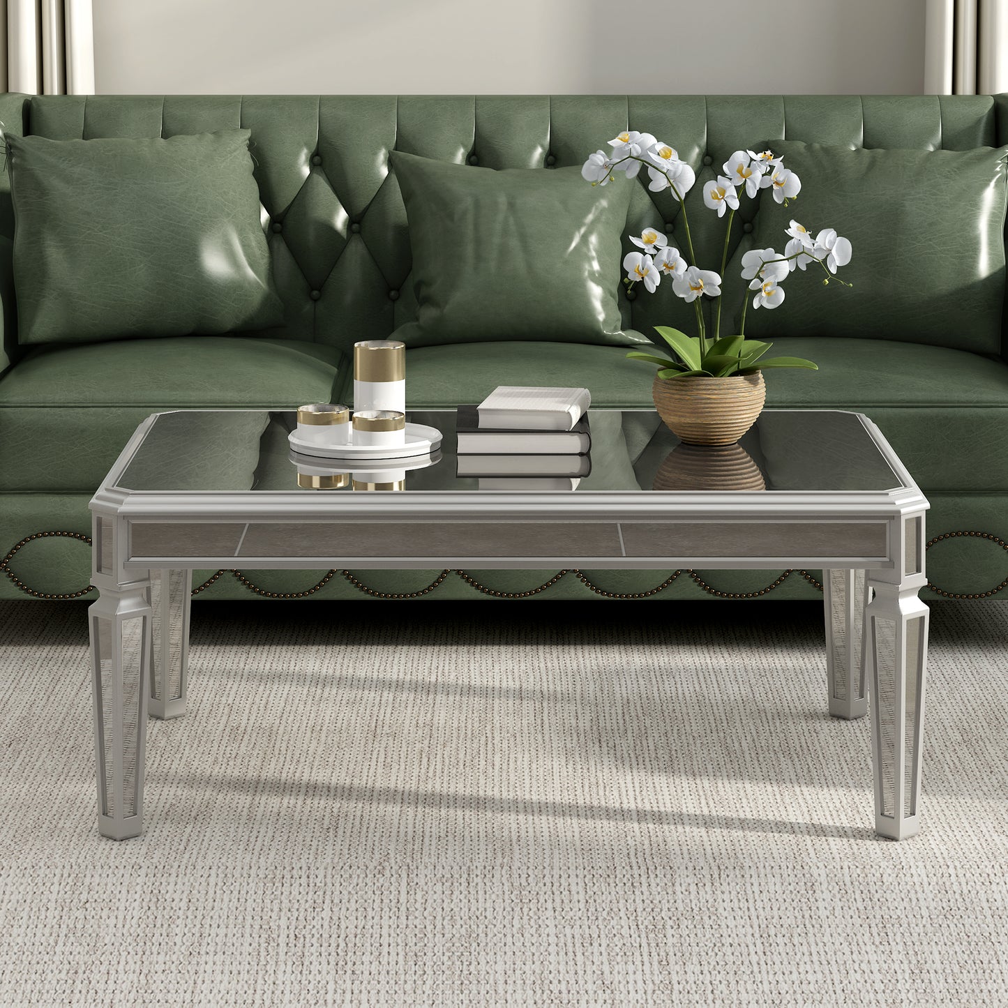 Contemporary Silver Glass Mirrored Coffee Table with Adjustable Legs