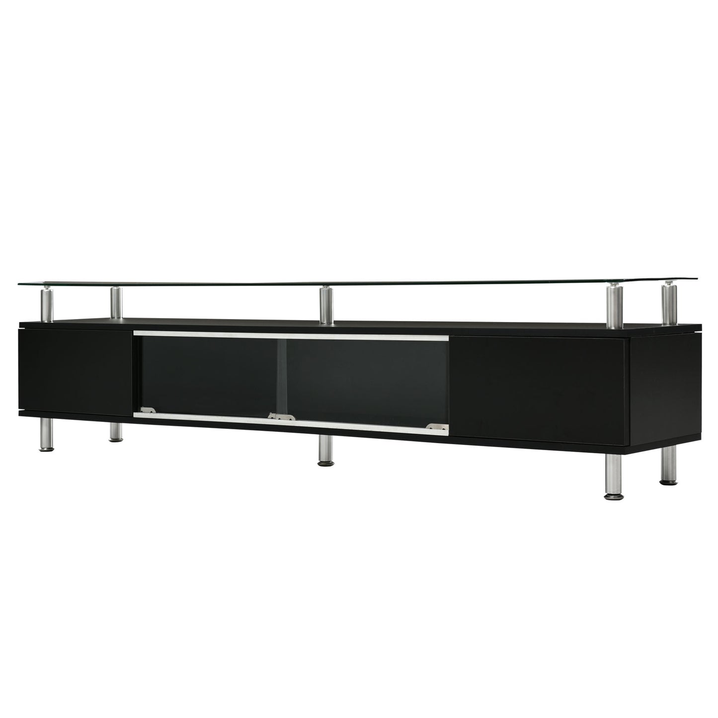 Modern Black Glass TV Stand with Sliding Door