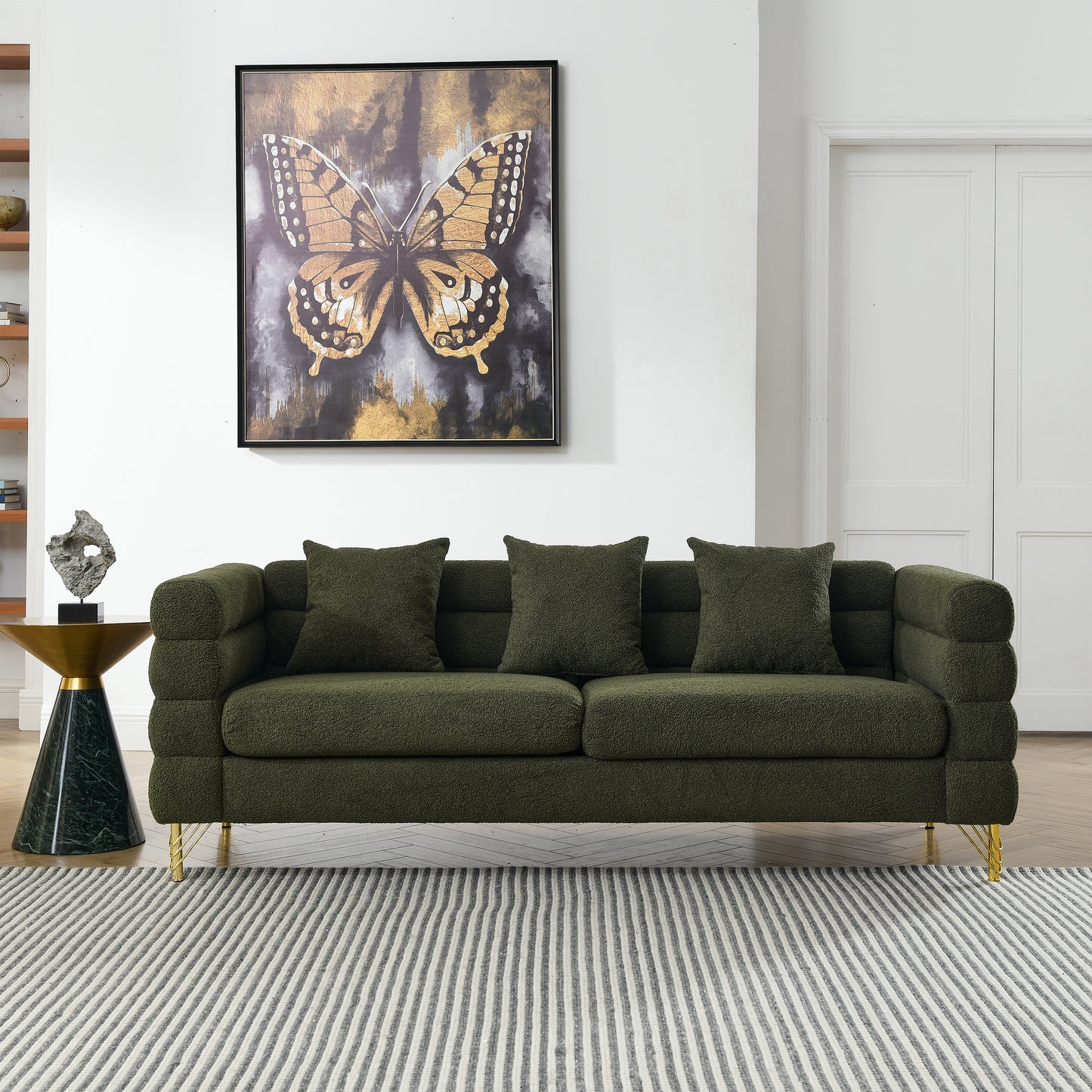 Oversized 3 Seater Green Teddy Sectional Sofa with 3 Pillows