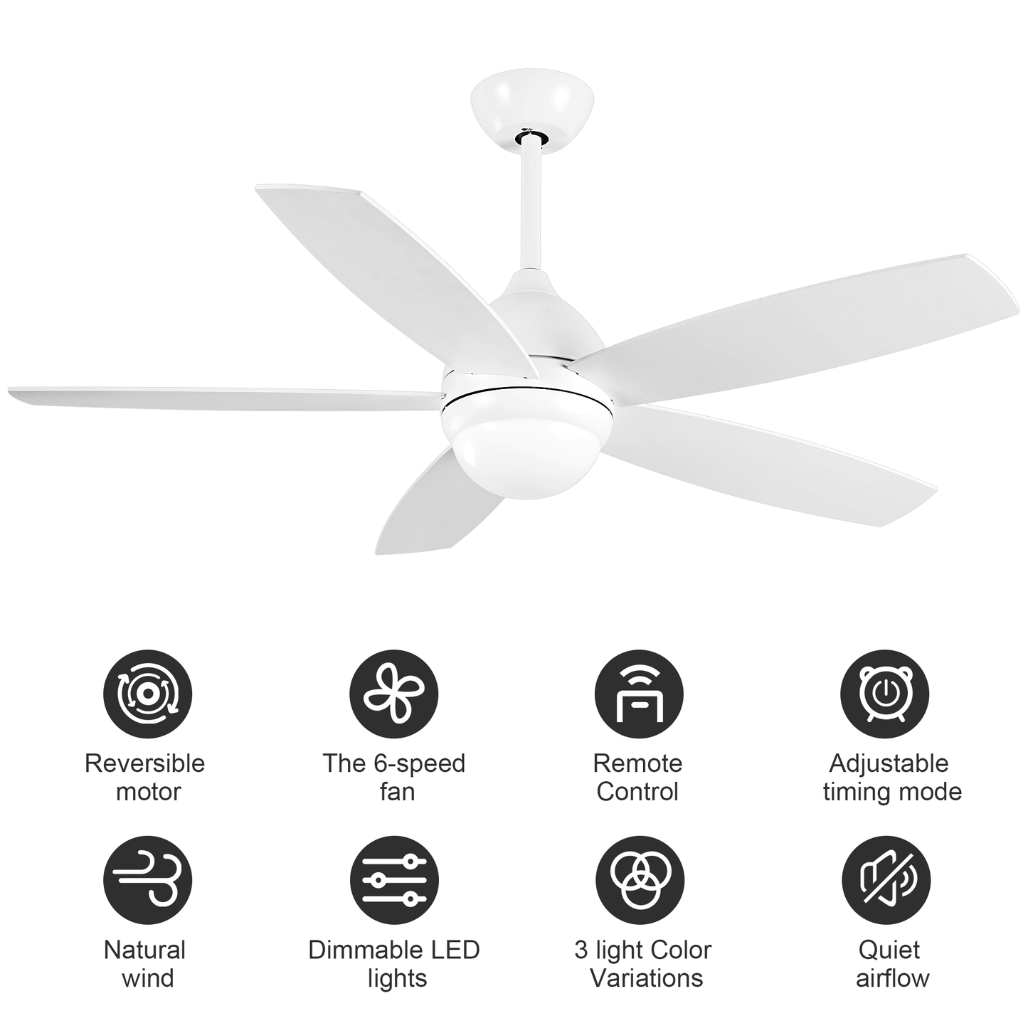 52 Inch Elegant White Ceiling Fan with Remote Control and Dimmable LED Lights