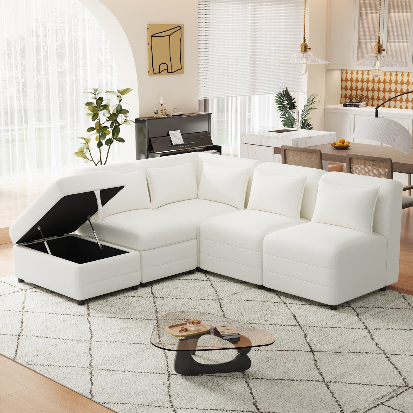 Cream 5-Seater Modular Sectional Sofa with Storage Ottoman and 5 Pillows