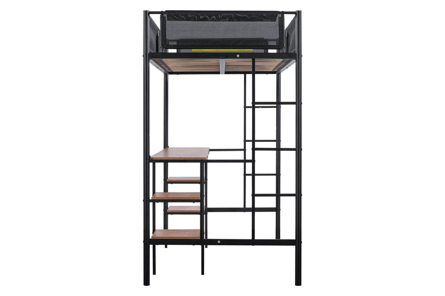 Metal Twin-size Loft Bed with Table & Shelves/ Sturdy Metal Bed Frame/ Noise-free Wood Slat/ Comfortable Textilene Guardrail/ Built-in Table and Shelves/ 2 Side Ladders/ No Box Spring Needed