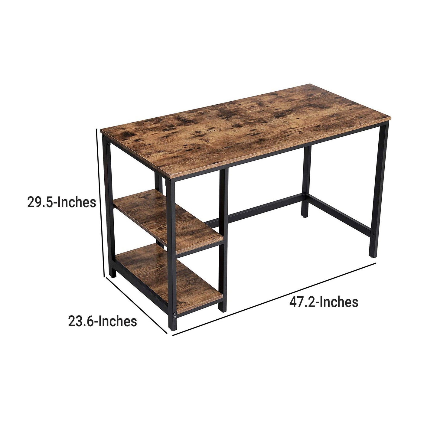 Industrial Style 47-Inch Writing Desk with 2 Shelves, Black-Brown Wood and Metal