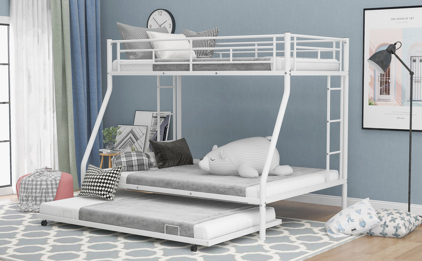 White Steel Frame Twin over Full Bunk Bed with Trundle Bed