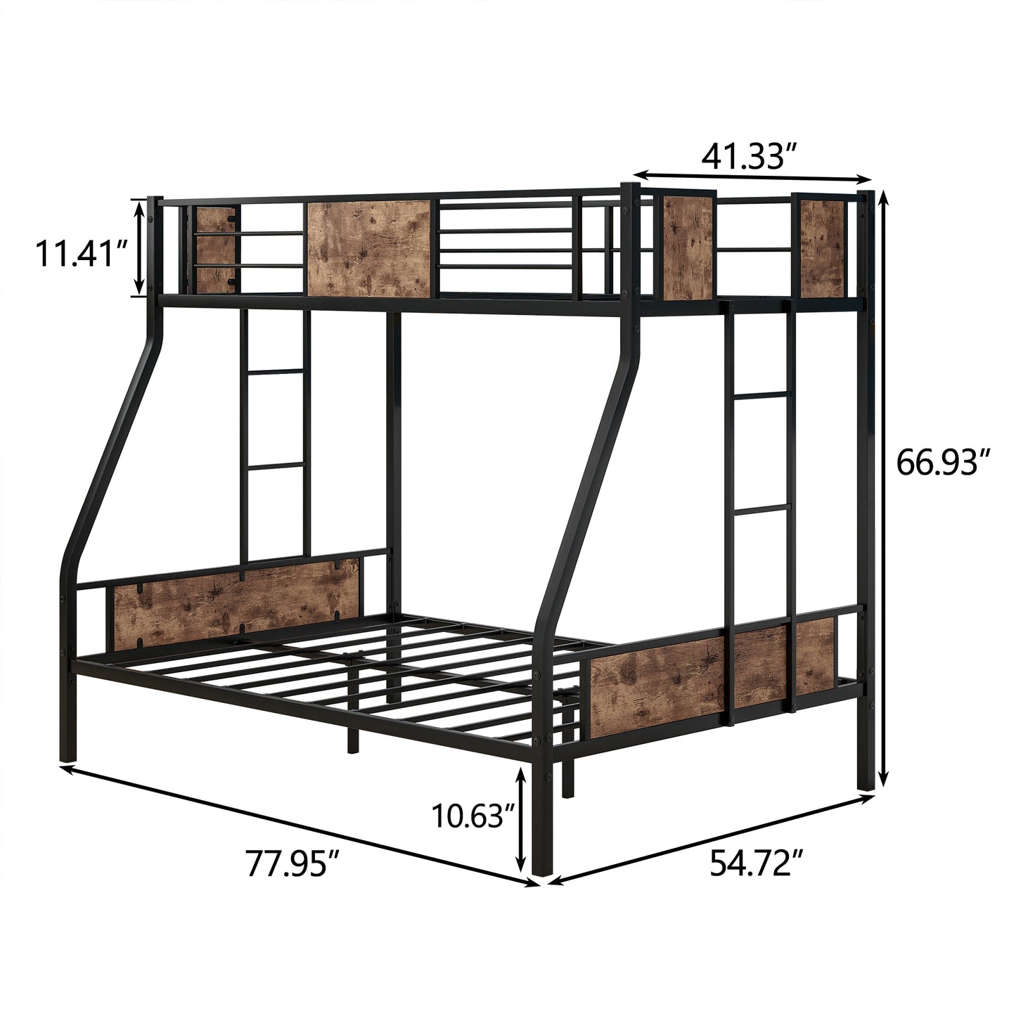 Sturdy Black Metal Bunk Bed with Brown Wood Panels