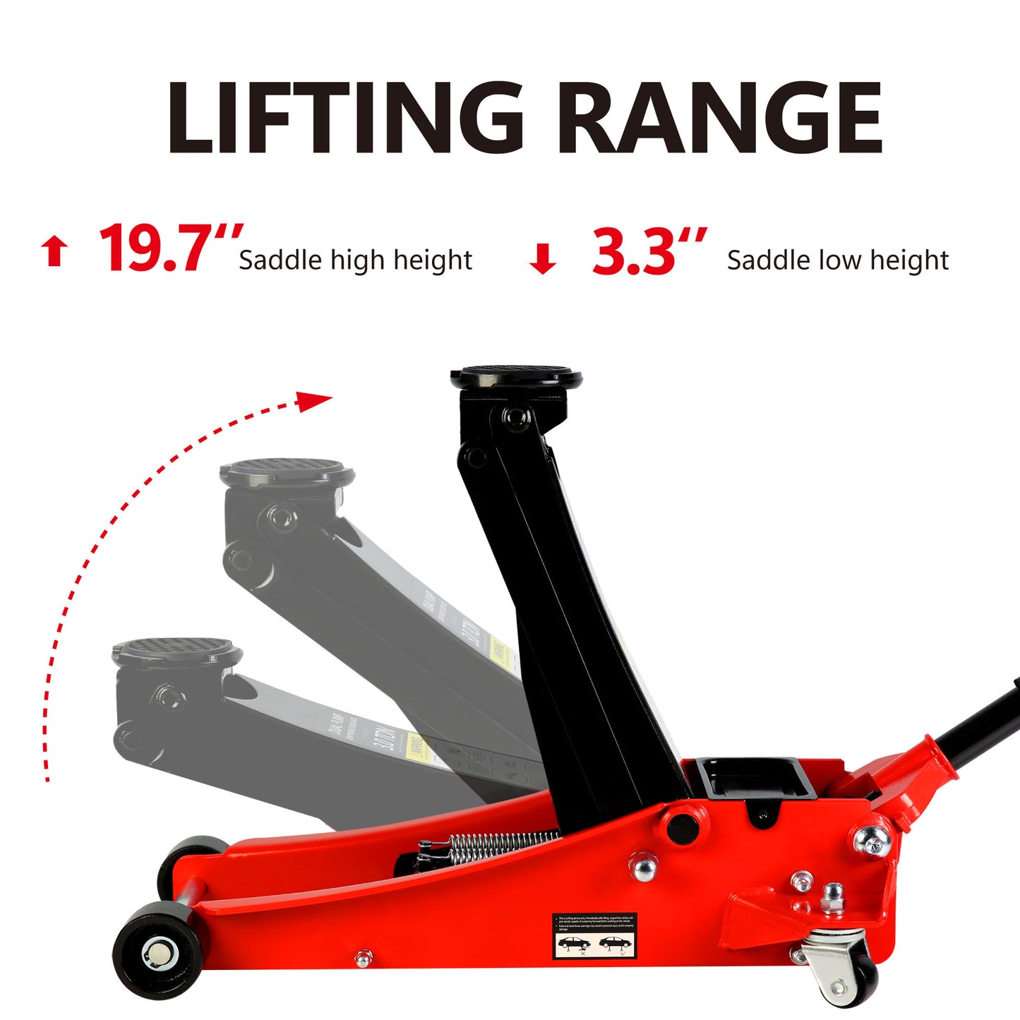 Ultra-Low Profile Dual Piston Hydraulic Car Jack, Red and Black, 3 Ton Capacity, Lifting Range 3.3-19.7