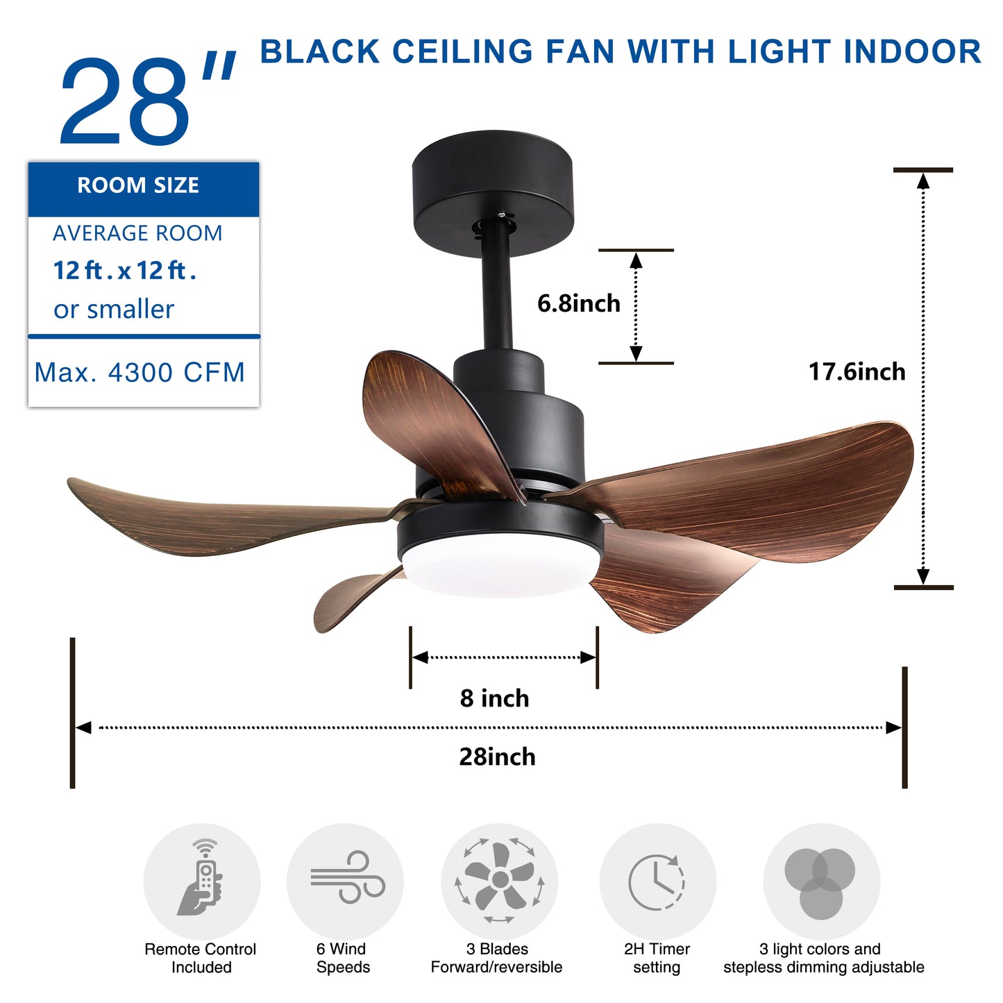 28 Inch Ceiling Fan with Lights Remote Control - Modern Black Walnut Design