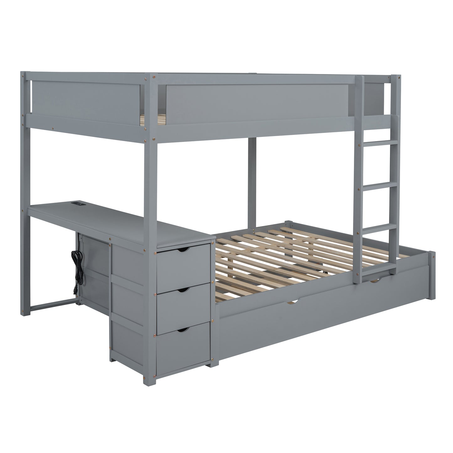 Full-Over-Full Bunk Bed with Twin Trundle, Storage, Desk, and USB Outlets, Gray - Ultimate Space-Saving Solution for Bedroom