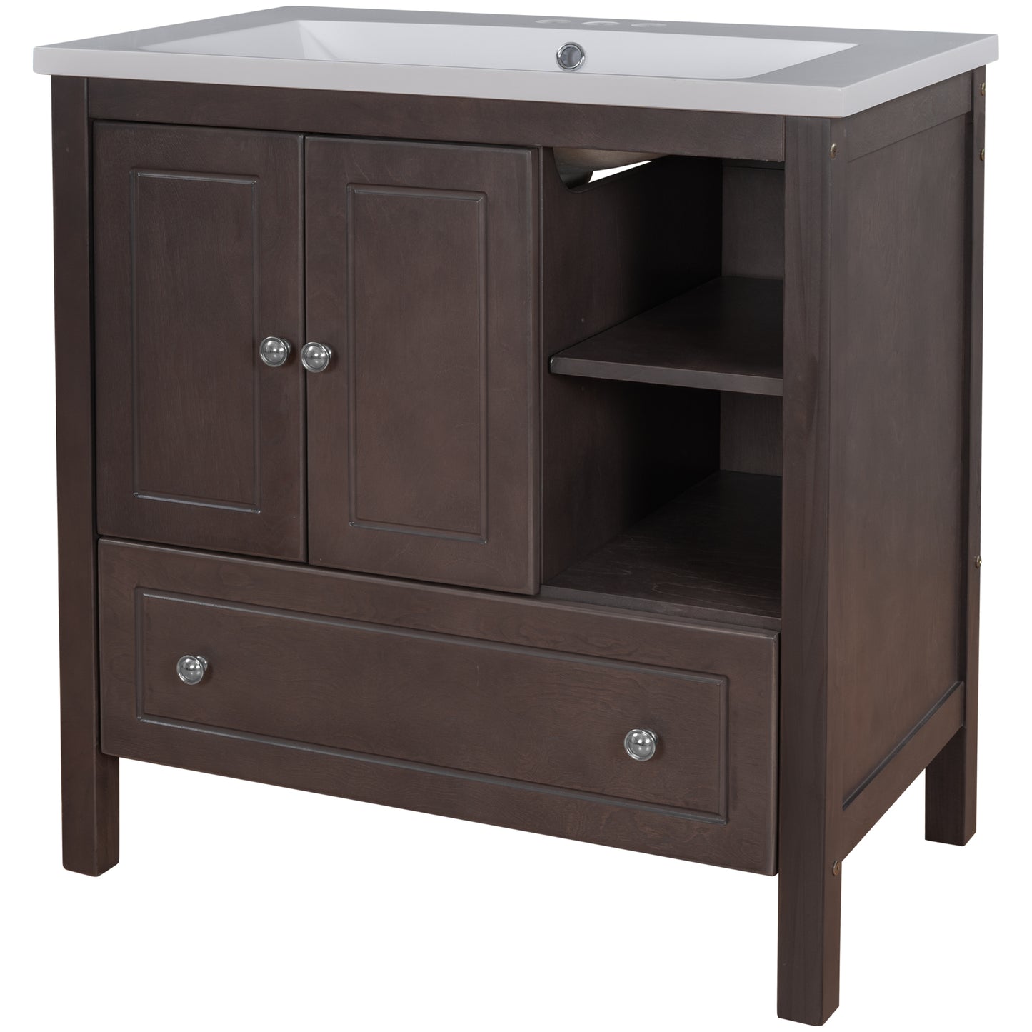 30" Bathroom Vanity with Sink, Bathroom Storage Cabinet with Doors and Drawers, Solid Wood Frame, Ceramic Sink, Brown