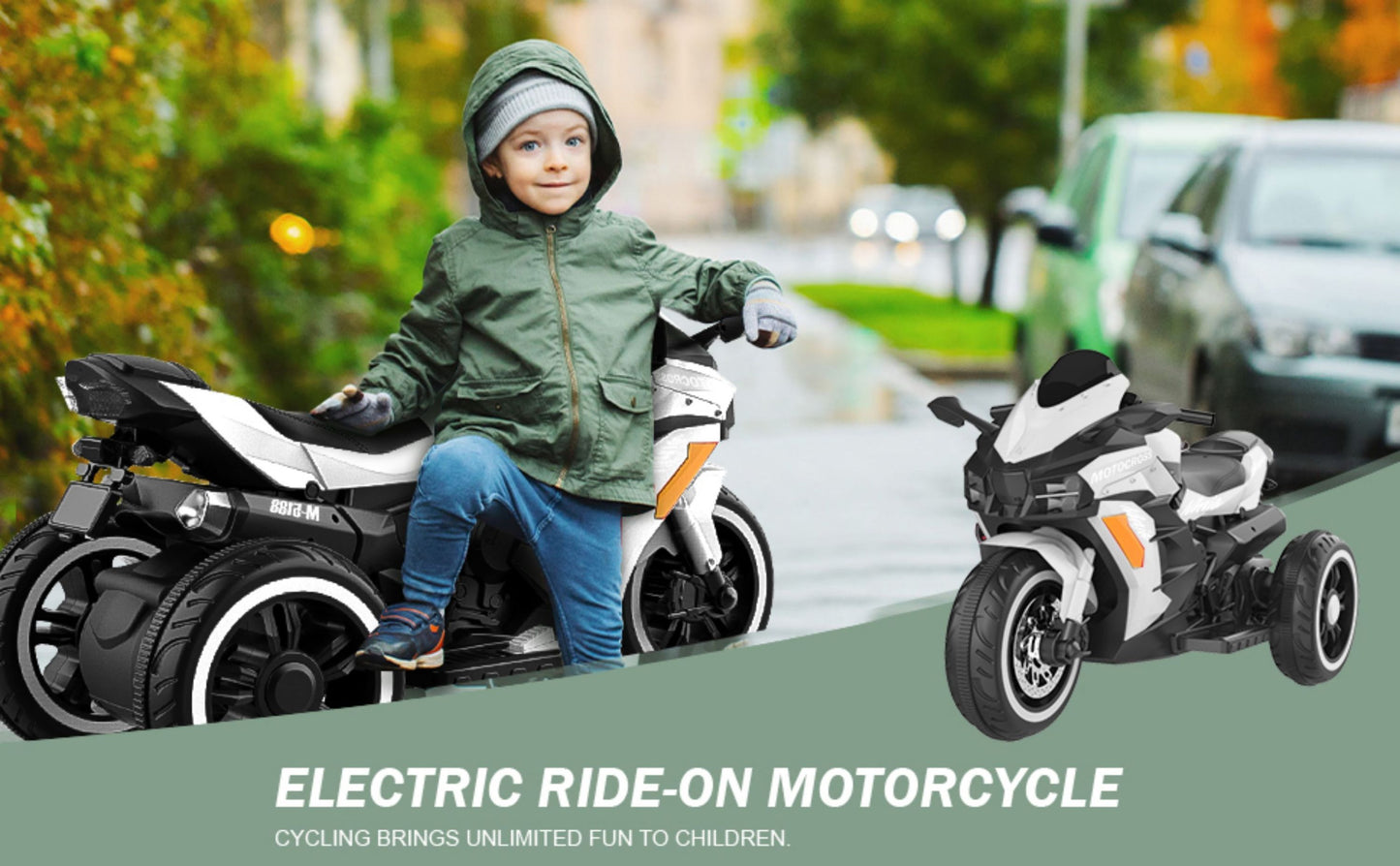 Rechargeable 12V White 3-Wheel Electric Motorcycle for Kids