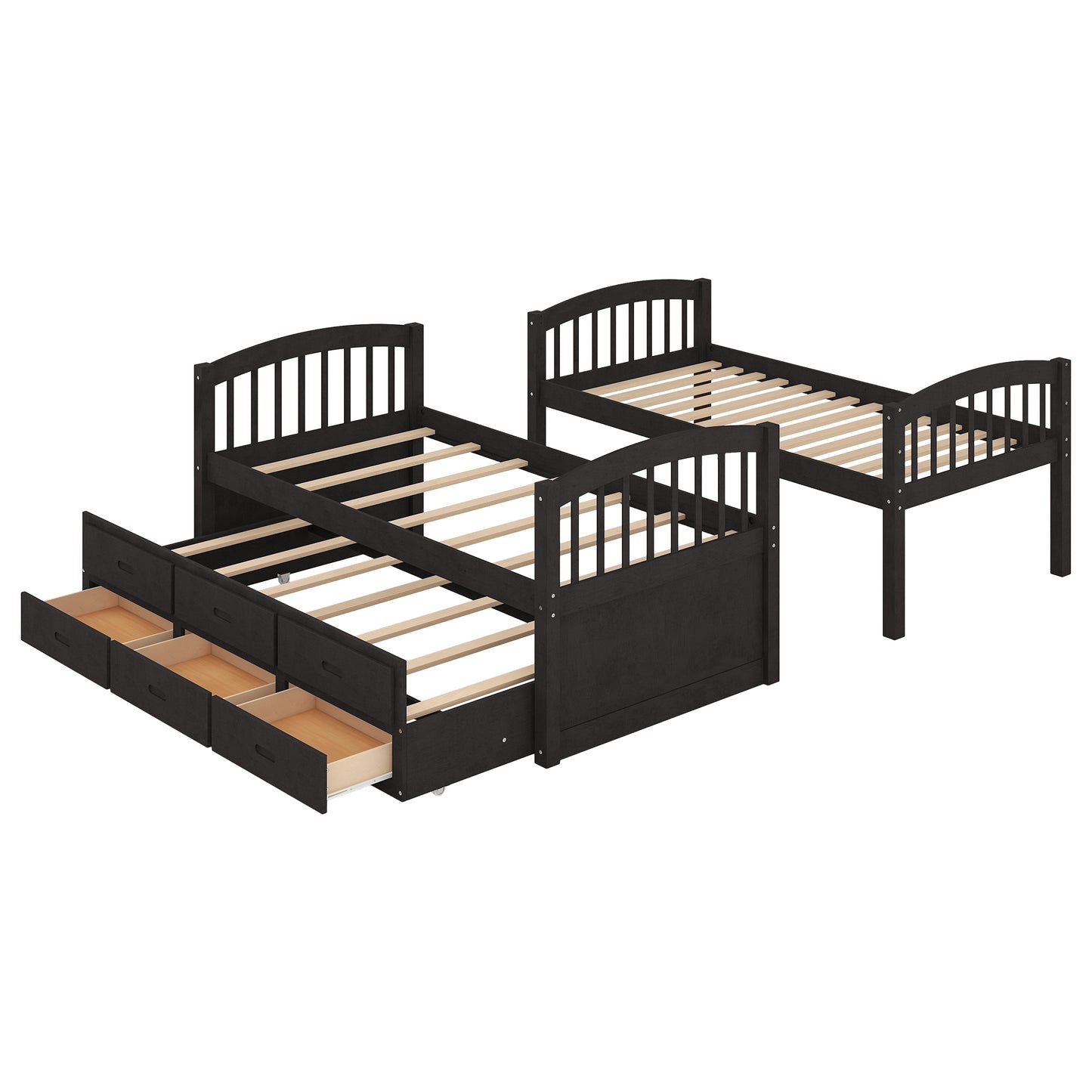 Espresso Twin Wood Bunk Bed with Trundle, Drawers, and Staircase