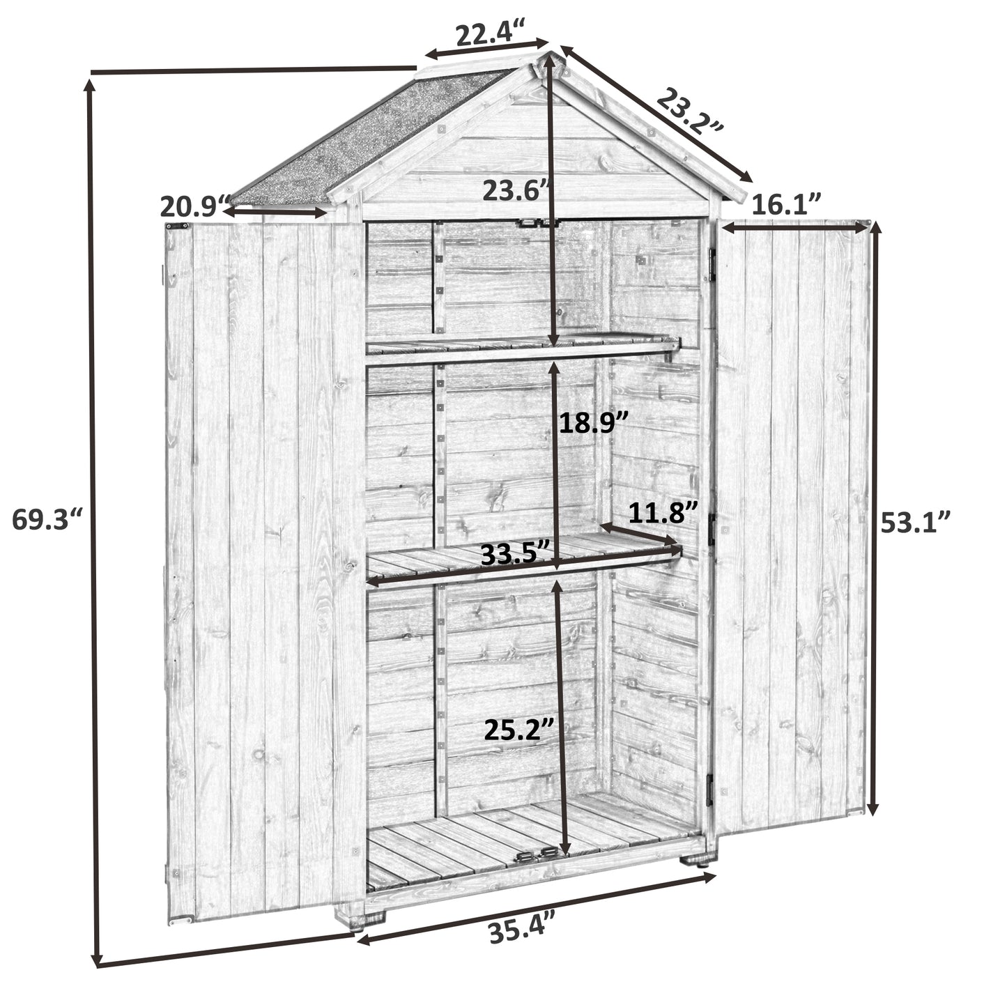 5.8ft x 3ft Outdoor Wood Lean-to Storage Shed Tool Organizer with Waterproof Asphalt Roof, Lockable Doors, 3-tier Shelves for Backyard, Gray